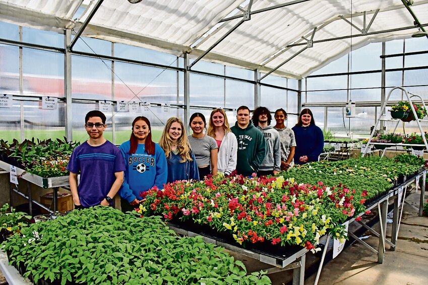 Galena FFA students in Sarah Lee&rsquo;s horticulture class tended to the plants that will be sold at the plant sale starting this weekend. From left: Alfonso Grajales, America Perez, Keira Linenfelser, Lily Kern, Paige Monahan, Nick Handfelt, Quinten Atutis, Daisha Balayti, Summer Belken.