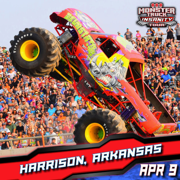 The Monster Truck Insanity Tour is scheduled for Saturday, April 9, at the Northwest Arkansas District Fairgrounds with shows are set for 1 p.m. and 7 p.m.