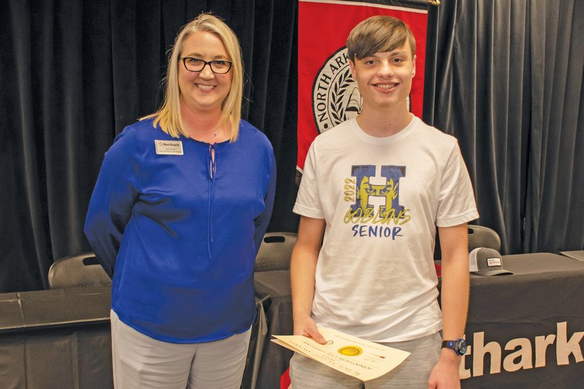 3M provided two $1,000 scholarships for CTE students. Dean of Technical and Outreach Programs, North Arkansas College, Nell Bonds (left) presented the scholarship to Harrison High School student Jonathon Lee Greene. Not pictured is Trey Franklin from Kingston High School.