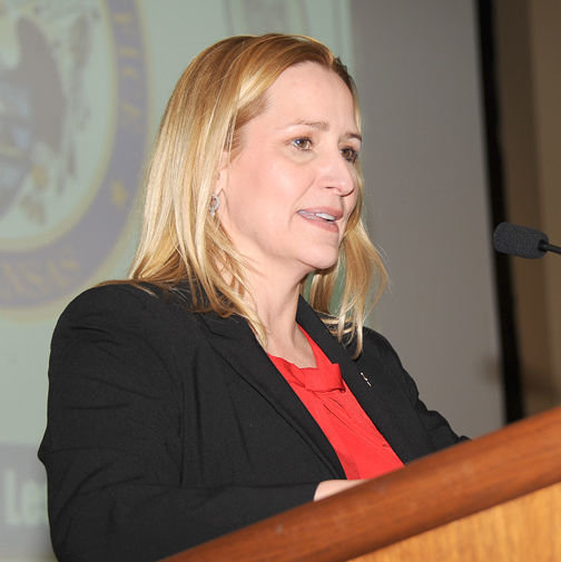 Arkansas Attorney General Leslie Rutledge is seen here during a 2020 trip to Harrison.