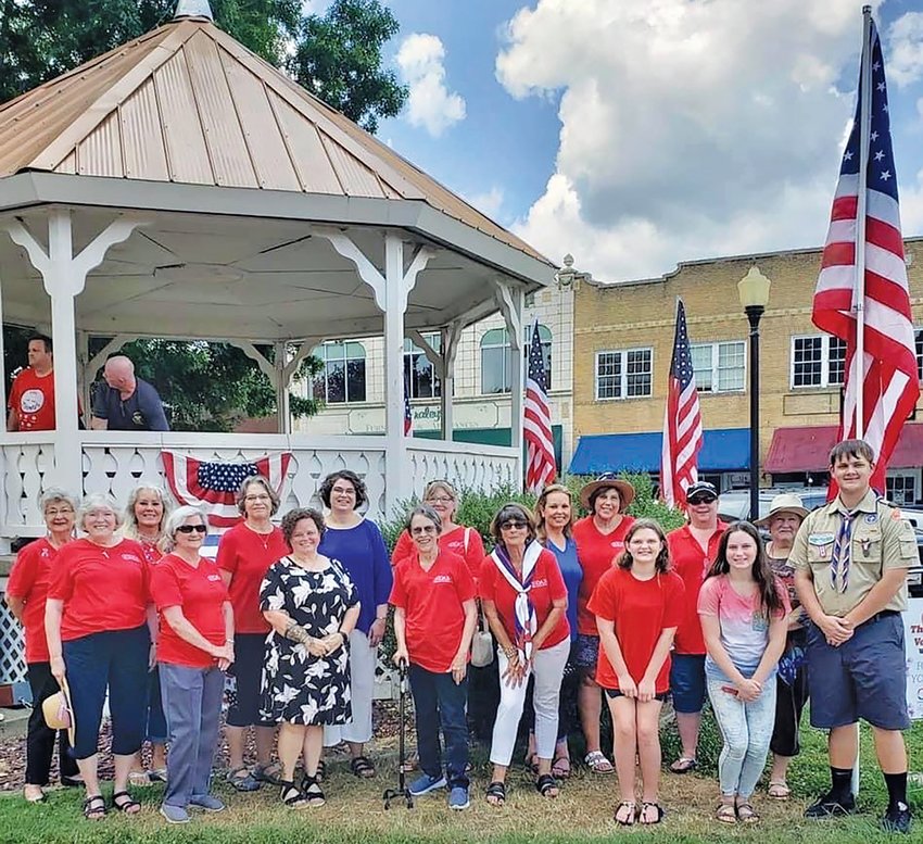 The following Harrison Colony Chapter (DAR) and Ozark Society (CAR) members attended the annual Let Freedom Ring event: (front, from left)  Sandra Hillier, Sharon Patton, Chris Schmied, Wanda Flippin, Cathy Carter, Abby Grinder, Pauline Miller and Jace Bardin (back) Shirley Kilburn, Robin Anderson, Tamara Raine, Mollie McCammon, Cassie Gilley, Susan Kilgore, Laurie Cowling, Anita Grinder and Lee Anne Cowling.
