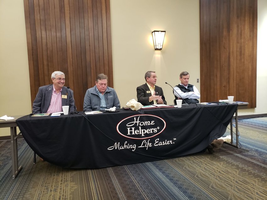 James L. White/Staff   State Rep.-elect Harlan Breaux of Holiday Island (from left), state Sen.-elect Bryan King of Green Forest, state Rep.-elect Ron McNair of Ridgeway and state Sen.-elect Scott Flippo of Bull Shoals entertain questions at a meeting in Harrison in late November.