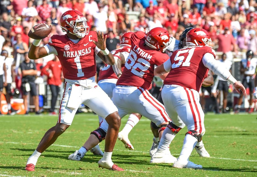 Arkansas quarterback K.J. Jefferson launches a deep throw from the pocket during an SEC game this season at Donald W. Reynolds Stadium. The Razorbacks will play their final home game of the season on Saturday at 6:30 p.m. against Ole Miss. CRAVEN WHITLOW/NATE ALLEN SPORTS SERVICES