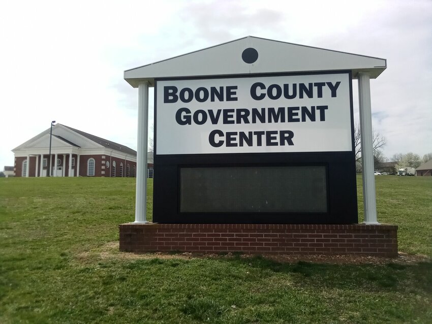 A sign for the new Boone County Government Center on North Arbor Drive stands in front of what will be county offices and courtrooms for Boone County. The county is still in the process of making renovations to the building. JAY COOPER/STAFF