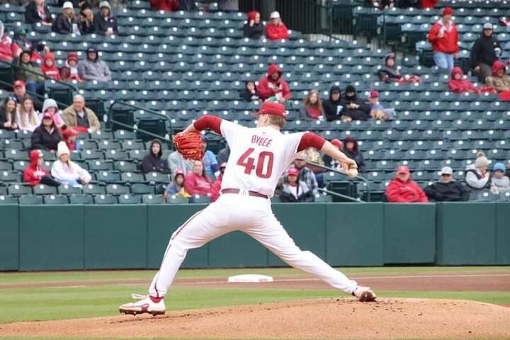 Ben Bybee, an Arkansas pitcher, delivers a pitch at Baum-Walker Stadium on Tuesday. The Razorbacks start a three-game series with LSU on Friday. The Tigers moved into No. 1 spot in college baseball rankings. JOHN JAMES/NATE ALLEN SPORTS SERVICES