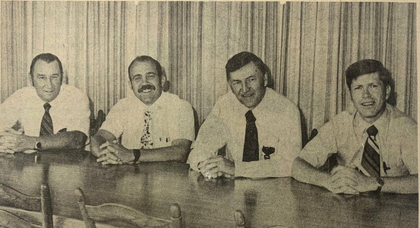 North Arkansas College announced that Leon Blackwood would be taking charge of the registrar&rsquo;s office Friday, Aug. 20, 1976. Northark staff members (from left) Calvin &ldquo;Lefty&rdquo; Burks, Dr.Richard Whelchel, Leon Blackwood and Jerry Cash. FILE PHOTO