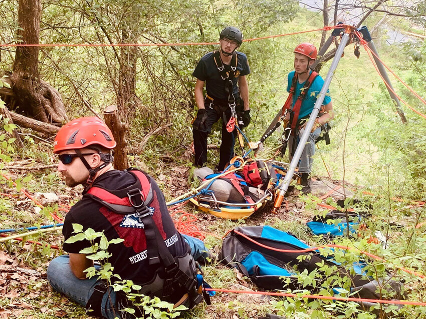 The Harrison Fire Department held a Ropes Training course this week. Thursday they used the steep bluff area off of Crooked Creek on Hwy. 7 South for on-site training. The Harrison, Eureks Springs, and Malvern firemen pulled up by using rope techniques an &ldquo;injured&rdquo; person who fell off the edge of a high 60-foot bluff. Harrison Lt. Jake Waldon of the Harrison Fire Department was the training officer and he was assisted by Harrison Firefighter Lindsey Harp.