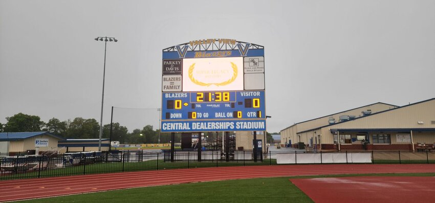 The scoreboard counted down the time until the start of the Harrison Goblin soccer game on Thursday night with Valley View. Lightning strikes in the area delayed the game. There is a mandatory wait of 30 minutes between a strike and resumption of the game. The Goblins lost the contest, 3-2, in overtime to Valley View. JEFF BRASEL/STAFF