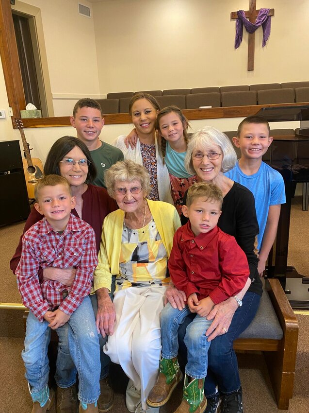 The adults are Mandy Cope (from left) granddaughter of Evelyn Campbell (center) with Evelyn&rsquo;s daughter Nita Cope (right). On the back row is the daughter of Mandy Cope, Tabitha Hartman who is the mother of the five children who are the great-great grandchildren of Evelyn who turns 100 on July 22.&nbsp; CONTRIBUTED PHOTO