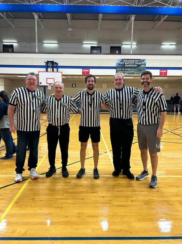 2.2 Referees   Several men from the community volunteer as referees at the Upwards games. David Stahler (from left), Larry Brandt, Brad Keener, John Sherman, and Robert Hubbard are pictured here in uniform. CONTRIBUTED PHOTO