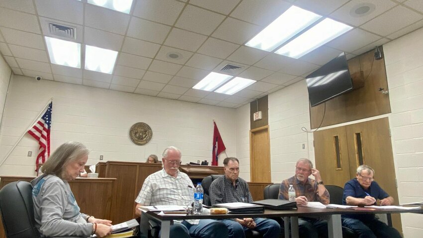 Members of the Marion County Budget Committee meet in the courthouse annex in Yellville, Tuesday, Feb. 27. LORETTA KNIEFF / STAFF
