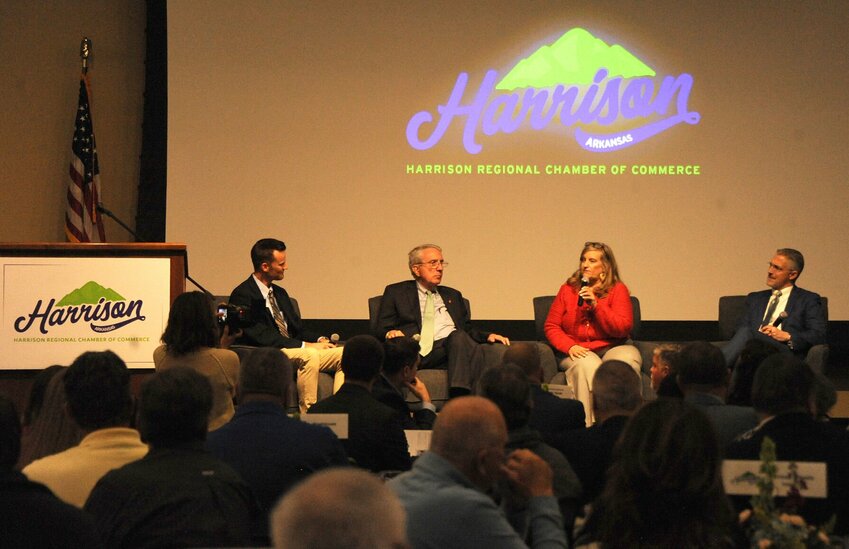 (From left) Wilson Marseilles, President of the Harrison Regional Chamber of Commerce, moderates a panel discussion at the 83rd annual Chamber Awards luncheon &mdash; Randy Zook, president of the Arkansas State Chamber of Commerce; Stephanie Isaacs, director of the Arkansas Office of Skills Development, and Danny Games, director of Business and Economic Development at Entergy Arkansas. CONTRIBUTED PHOTO / LEE H. DUNLAP