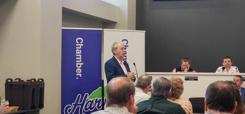 Harrison Mayor Jerry Jackson addresses the crowd at a breakfast held this month to announce 2023's accomplishments and 2024's plans. JEFF BRASEL / STAFF&nbsp;