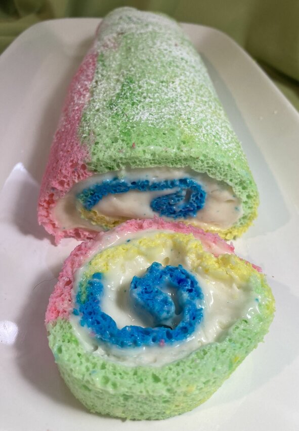 Easter Cake Roll incorporates pastel spring colors in a sponge cake with a cream cheese filling. CONTRIBUTED PHOTO / LINDA MASTERS