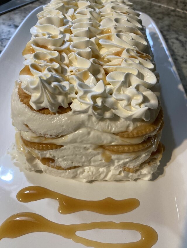 Ritz Cracker Salted Caramel Icebox Cake (shown) is an impressive dessert that requires no baking. CONTRIBUTED PHOTO / LINDA MASTERS