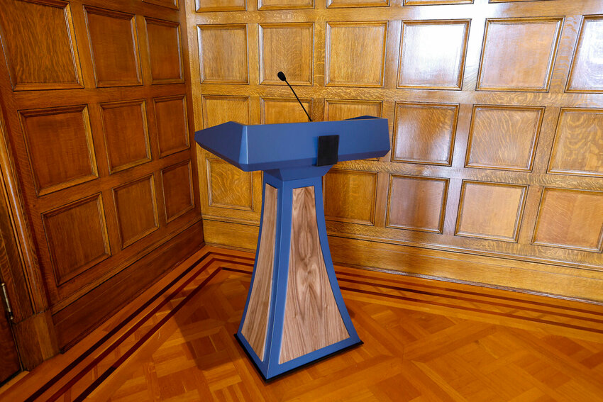 The lectern purchased by the Sanders administration in June 2023 sits in a corner in the Governor's Conference Room at the state Capitol in Little Rock. THOMAS METTHE / ASSOCIATED PRESS