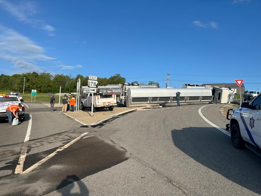 A truck turnover in Marion County closes down a busy route along Highway 62 near Flippin on Friday, April 19. CONTRIBUTED PHOTO