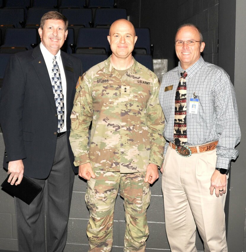Dr. Stewart Pratt (left) the Superintendent of the Harrison Public Schools and HHS Principal Jay Parker (right) are joined by Major General Jonathan M. Stubbs, a recent guest speaker at HHS. CONTRIBUTED PHOTO / LEE H. DUNLAP