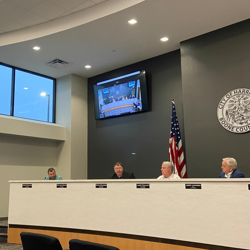 Harrison City Council members in regular session on April 25. From left: Jeremy Ragland, Mitch Magness, Larry Phillips, and Harrison Mayor Jerry Jackson. LORETTA KNIEFF / STAFF