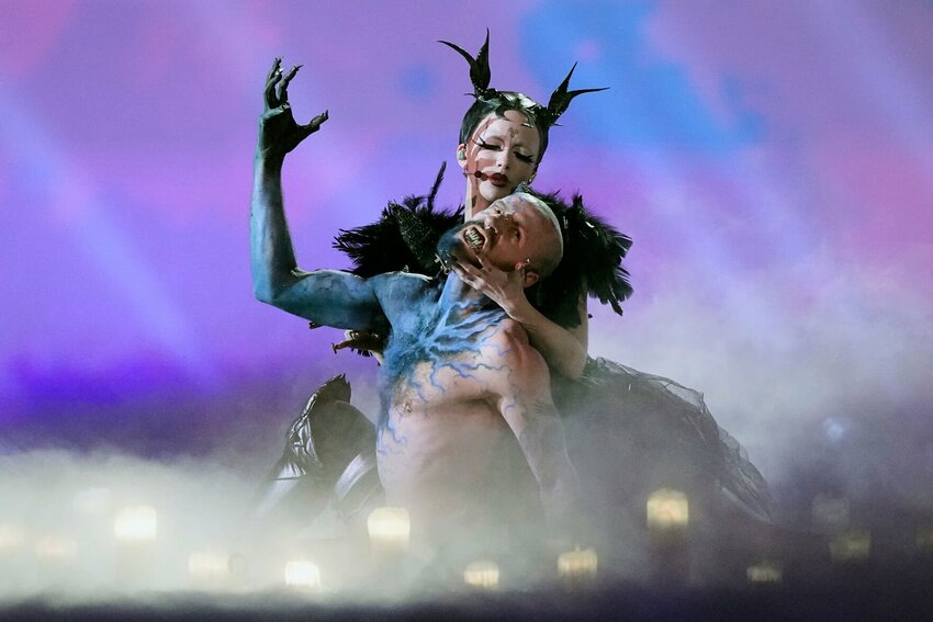 Bambie Thug of Ireland performs the song Doomsday Blue during the dress rehearsal for the final at the Eurovision Song Contest in Malmo, Sweden, Friday, May 10, 2024. AP PHOTO / MARTIN MEISSNER