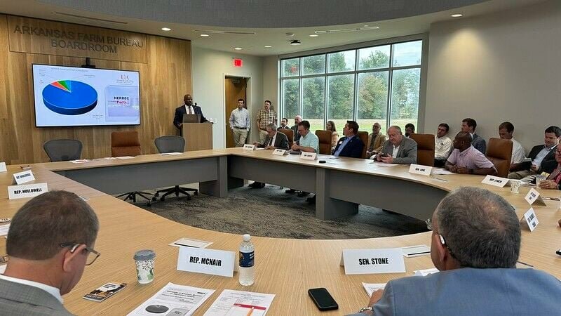 Deacue Fields talks to the joint ag committee about the economic impact of ag in Arkansas. Taken Aug. 30. 2024, at the grand opening of the NE Rice Research and Extension Center at Harrisburg, Arkansas. CONTRIBUTED PHOTO