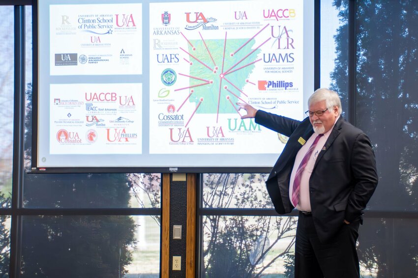 Northark President Dr. Rick Massengale presents a graphic showing the presence of campuses affiliated with the University of Arkansas System across Arkansas. CONTRIBUTED PHOTO