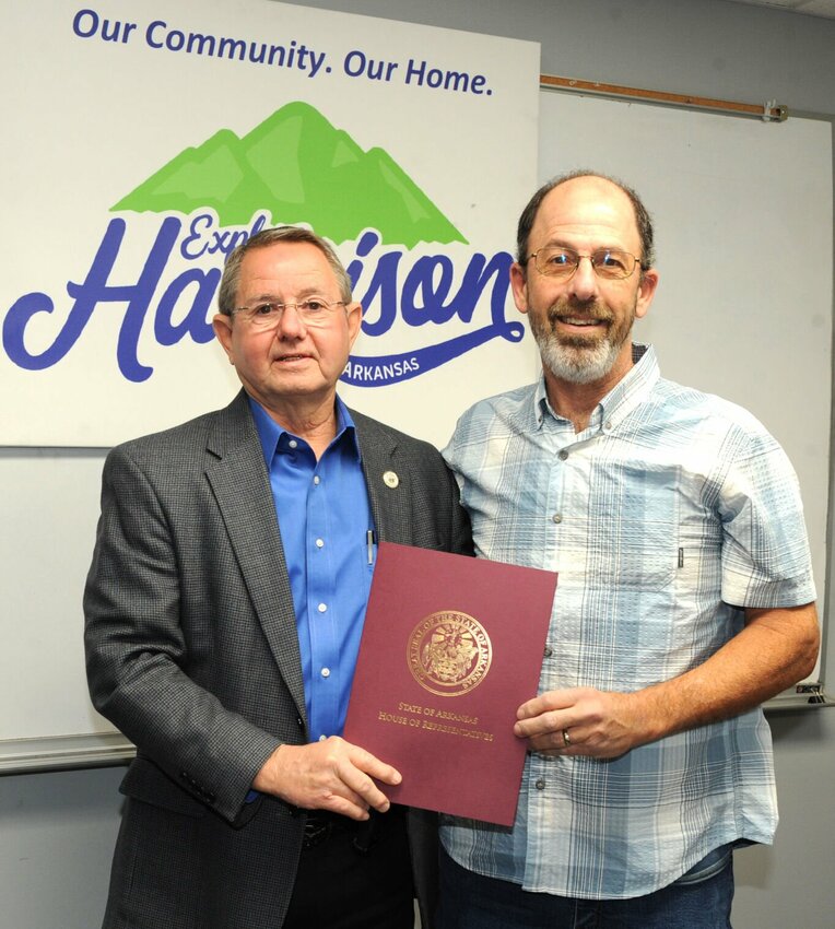 Joe DeVito (right) is joined by State Representative Ron McNair (District 5) at Explore Harrison monthly meeting, March 2025. CONTRIBUTED PHOTO / LEE H. DUNLAP