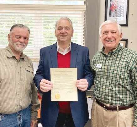 CONTRIBUTED PHOTO

Boone County Judge Robert Hathaway (left) and Harrison Mayor, Jerry Jackson acknowledge Economic Development Week with Harrison Regional Chamber of Commerce President/CEO Bob Largent.