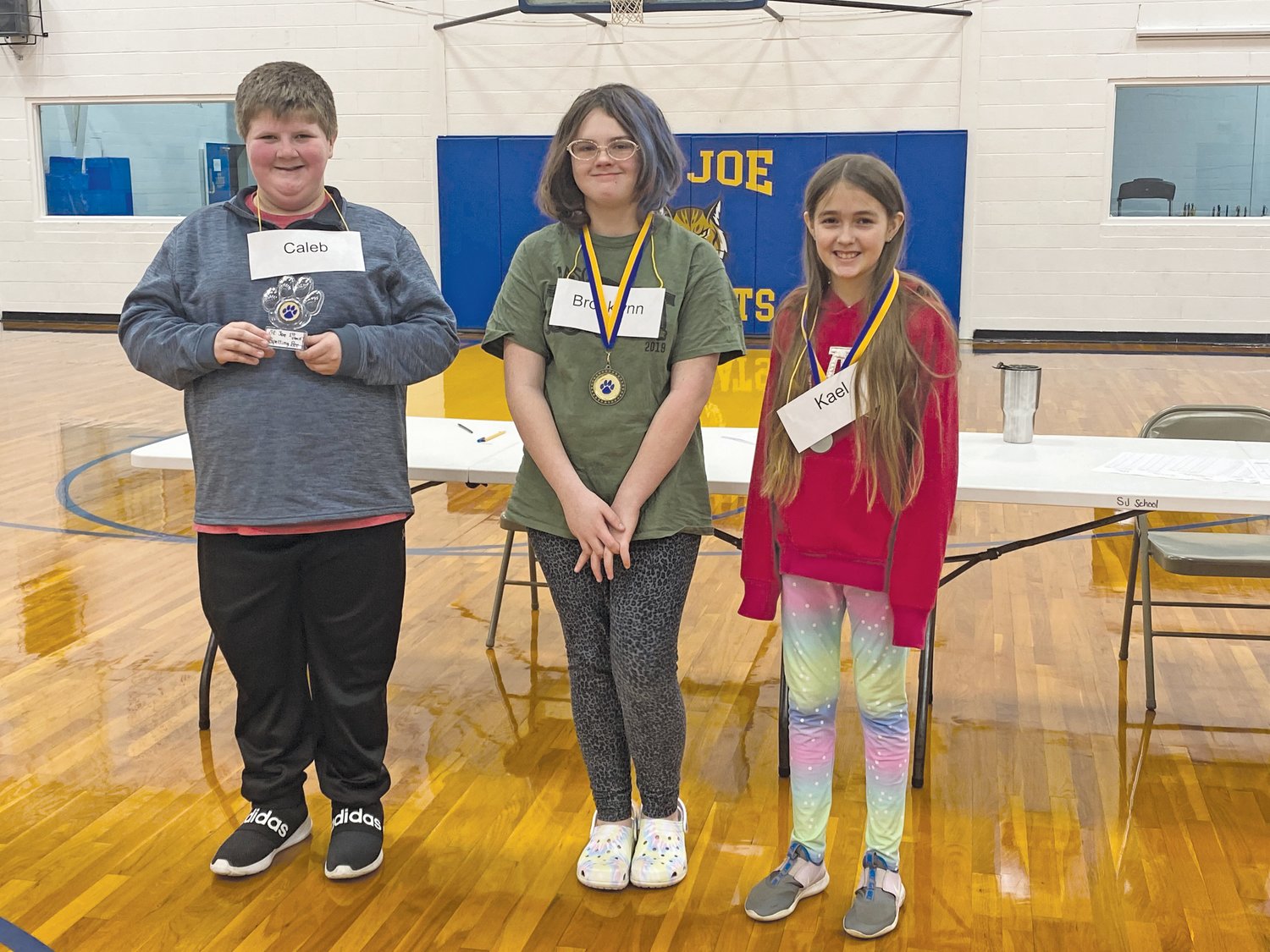 The winners of the St. Joe Spelling Bee are (from left) Caleb Grinder, 1st place; Brooklynn Henson, 2nd place and Kael Reed, 3rd place.
