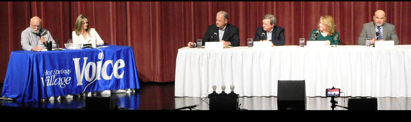 Voice Correspondent Jeff Meek and Publisher Jennifer Allen, moderated the POA Candidate Forum on Monday, February 19 at Woodlands.  Candidates left to right,  Doyle Baker, Edsel Archie Frye, Marcy Mermel, and Mark Quinton.