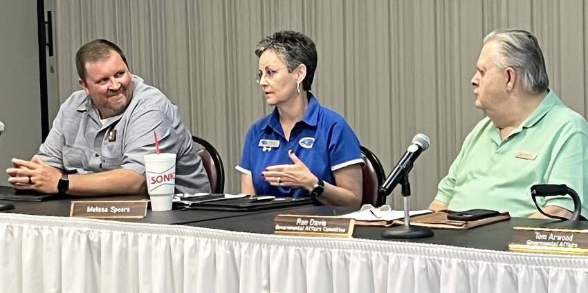 Jessieville Superintendent Melissa Speers discusses safety measures the district has in place. Listening are, from left, Fountain Lake Superintendent Darin Landry and GAC member Ron Davis. (Lewis Delavan photo)