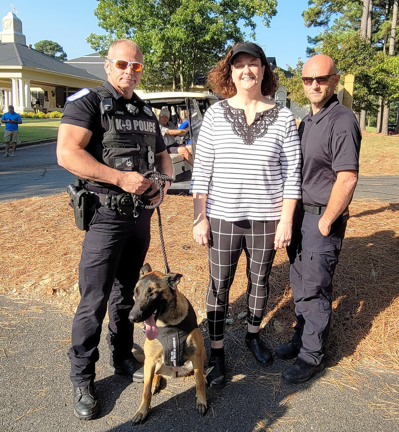 K9 Officer Nala, shown here with her handler, Officer Elvis Caple, Administrative Commander Shawna Yonts, and Operations Commander Brad Whiley, was too shy to speak but Caple expressed his appreciation for the generosity of the Diamante community.