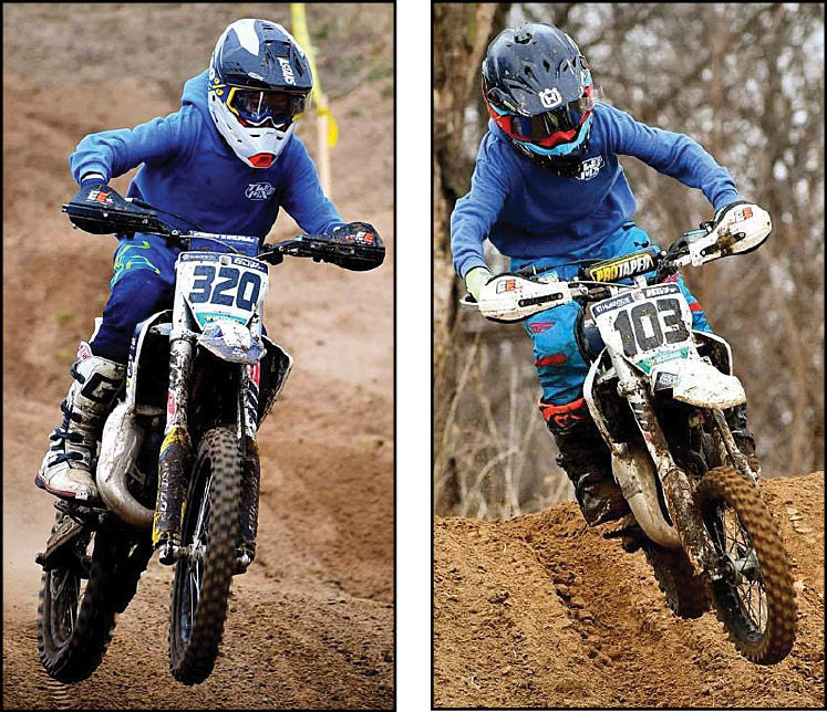 Brothers Zach (left) and Cooper Duff each finished atop their respective divisions at the Midwest Motocross Club Gran Prix on Sunday, March 14, in Chandlerville. Zach, who earned the win in Super Mini, also took first overall in the youth division, while younger brother Cooper finished third overall. Their father, Ryan, also raced, finishing fifth in his class.