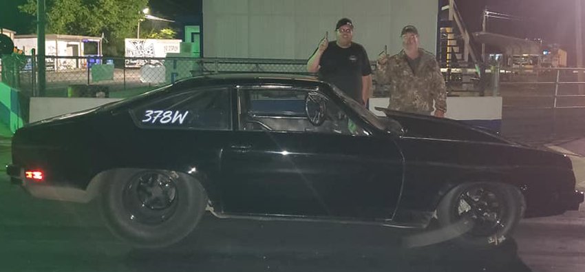 It was a good start to the month of May for Litchfield racer Corey Wood, pictured with Roger Burdell (right) in victory lane at Jeffers Motorsports Park in Sikeston. Wood piloted his Chevrolet Vega to the top spot in the Super Pro class during the bracket races on May 1, and made it down to five cars in the Pro class.