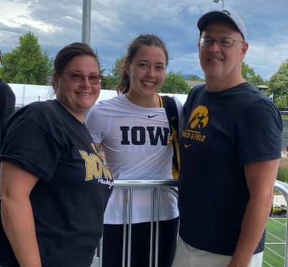 Jenny Kimbro, with parents Michelle (O&rsquo;Malley) and Jeff Kimbro, recently wrapped up collegiate career at the University of Iowa by finishing 18th in the heptathlon at the NCAA National Championships in Eugene, OR and earning honorable mention All-American honors.