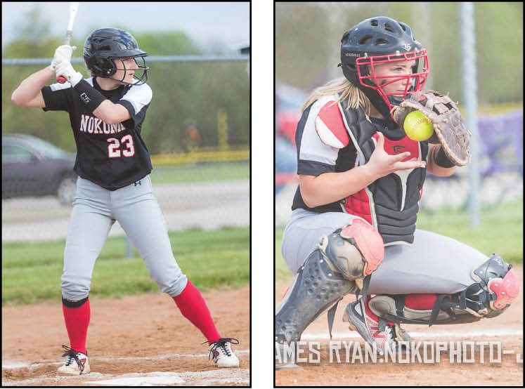 Nokomis' Addison Dangbar (left) and Emma Hill (right) were named to the 10-player Prairie State Conference All-Conference softball team.