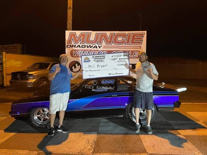 Phil Bryant (left) made it to the winner's circle at Muncie Dragway in Indiana on July 24, a week after his son Dustin (right) did the same at the Central Illinois Dragway in Havana on July 17.