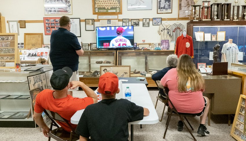 With relics of the area&rsquo;s baseball history surrounding one of the televisions set up at the Bottomley-Ruffing-Schalk Baseball Museum in Nokomis for Reid Detmers&rsquo; Major League debut on Sunday, Aug. 1, fans watched the Nokomis-born left-hander battle the Oakland Athletics.