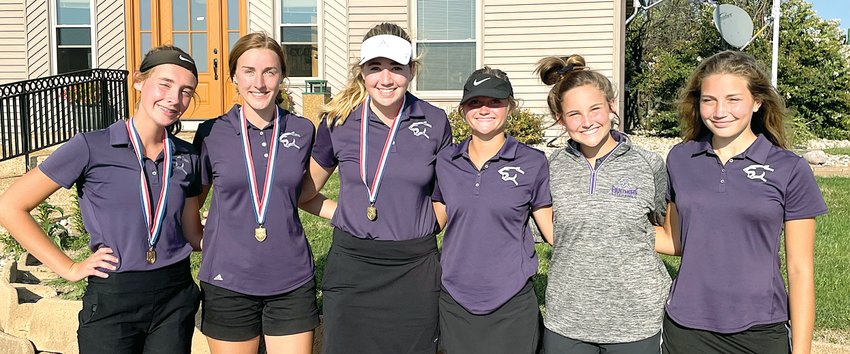 For the third time in a row, the Litchfield High School girls golf team won the South Central Conference Tournament, shooting a 372 to beat second place Staunton by 36-strokes. From the left are Hailey Rentz, Carly Guinn, Laura Boston, Lauren Monke, Olivia Fleming and Charlotte Gardner. Rentz, Guinn and Boston all made all-conference by finishing in the top 10, with Boston earning her third straight SCC championship with a 76.