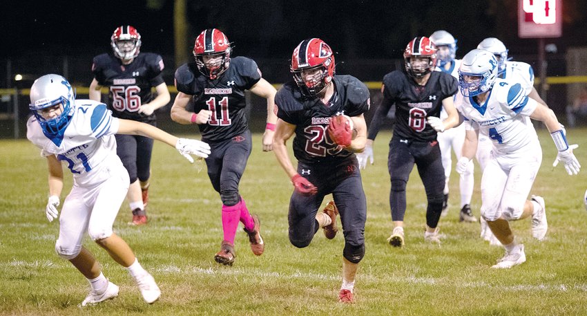 Nokomis senior Matt Hill (#29) ran for 219 yards on just 11 carries in the Redskins 53-14 win over Marquette on Friday, Oct. 1. As a team, Nokomis ran for a season-best 528 yards in the win, which made them playoff eligible.