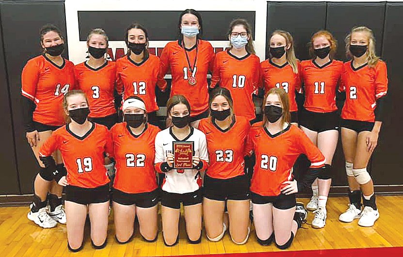 The Lincolnwood-Morrisonville volleyball team went 4-1 and took third place at the 34th annual Morrisonville Volleyball Tournament on Oct. 1 and 2, beating Hillsboro in the third place match. In front, from the left are Justine Seelbach, Taryn Millburg, Jasmine Vickery, Morgan Cowdrey and Amanda Seelbach. In the back are Desi Pitchford, Tessa Funderburk, Jazmin Seaton-Hobson, Hailee Belsher, Kierstyn Denney, Haelee Damm, Sidney Glick and Avery Pope.
