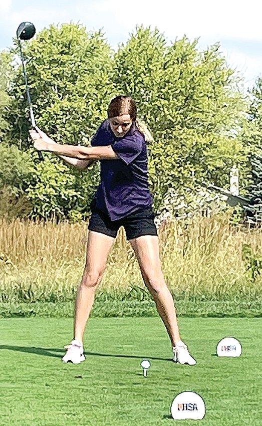 Litchfield senior Carly Guinn tees off on the 10th hole at Red Tail Run Golf Course in Decatur at the IHSA Class 1A State Finals, her final high school tournament. Guinn shot a 175 for the two-day tournament, ending her career with a 55th place finish.