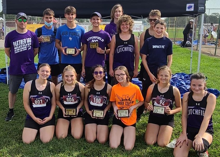 Ten members of the Litchfield cross country team finished in the top 10 in their grade levels at the East Alton-Wood River Invite for another successful performance going into the final weeks of the season. In front, from the left, are Emma Hughes, Kylee Eiting, Myka Fenton, Delanie Ulrich, Joelle Hughes and Harlee Traylor. In the back are Head Coach Jeremy Palmer, Gavin Thimsen, Camden Quarton, Sam Horn, Cy Cress, Peyton Baugher, Alex DeLaCruz and Brayden Davis.