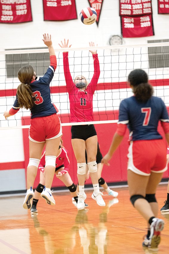 Nokomis&rsquo; Hailey Engelman goes up for a block against Calvary during the Redskins 25-21, 25-18 win over the Saints. Engelman led the team in service points, kills, digs and was second in assists in the win, Nokomis&rsquo; 10th of the season.
