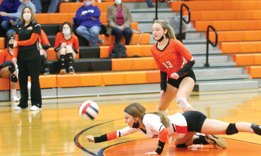 Lincolnwood&rsquo;s Jasmine Vickery lays out in an attempt to return a hit during the Lancers&rsquo; sectional semifinal game on Monday, Nov. 1, in Greenfield. The Brown County hitters kept Vickery and teammate Haelee Damm (13) on their toes for much of the contest as the Hornets stopped Lincolnwood&rsquo;s postseason progress with a 25-17, 25-19 victory.