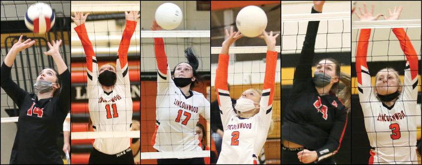 Six Montgomery County volleyball players were among the 18 honored by the coaches of the MSM Conference on this year&rsquo;s all-conference teams. From the left are Nokomis&rsquo; Presley Lamb, Lincolnwood&rsquo;s Sidney Glick, Lincolnwood&rsquo;s Hailee Belsher, Lincolnwood&rsquo;s Avery Pope, Nokomis&rsquo; Audrey Sabol and Lincolnwood&rsquo;s Tessa Funderburk.