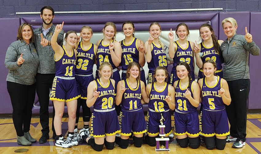With 11 of their 12 players either freshmen or sophomores, the Carlyle Lady Indians went 4-0 at the Litchfield Thanksgiving Tournament to win this year's championship. In front, from the left, are Avery Eversgerd, Ella Folfingsmeyer, Carlie Wakeman, Raelyn Harris and Sophia Hoffmann. In the back row are Coaches Cindy Hoffmann and Wilson Neill, Natalie Hilmes, Daisy Brammeier, Jacie Persing, Emma Meyer, Ashlyn Weh, Lera Scheming, KJ Meyer and Head Coach Janelle Kuhn.