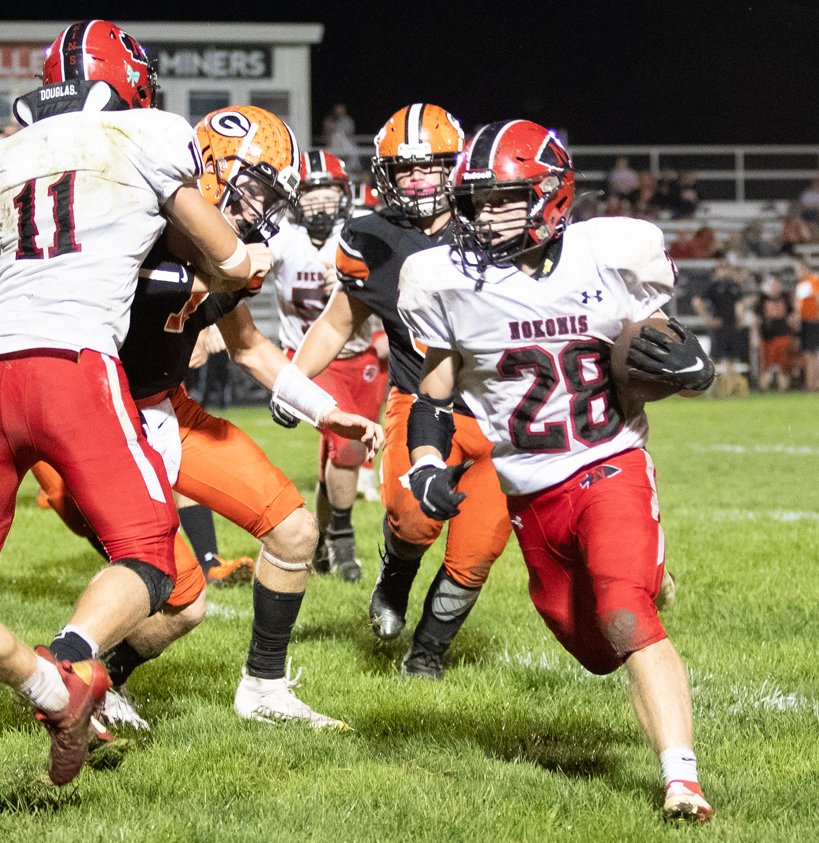 Nokomis senior Jake Watson (#28) was an integral part of the Redskins success this season, rushing for more than 800 yards to help Nokomis go 7-3 on the year with their second straight trip to the playoffs. Watson&rsquo;s individual excellence was recognized recently by the Illinois High School Football Coaches Association with a spot on the 16-player Class 1A all-state honorable mention list.