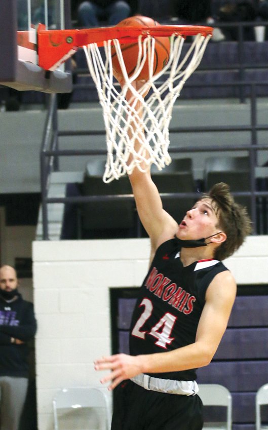 With 31 points and two quarter-ending three-pointers, Nokomis' Elijah Aumann helped his team survive a comeback bid by Triad on Tuesday, Jan. 18, at the Rick McGraw Memorial Invitational. Down by as many as 13, Triad came back to within one of Nokomis, who held on for a 48-47 victory and a spot in the championship bracket.