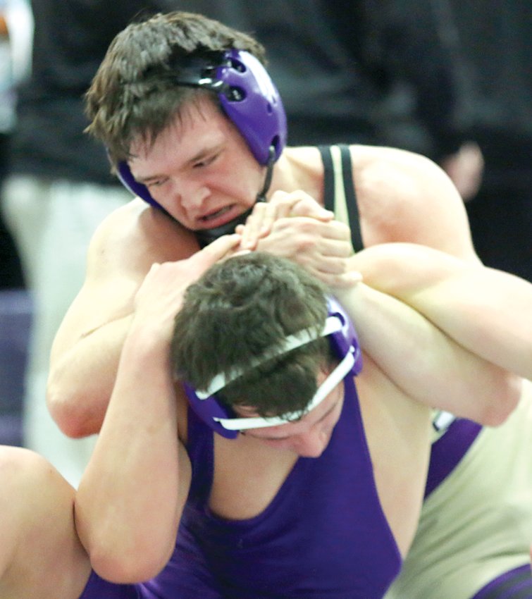 Litchfield's Hunter Hancock puts Harrisburg's Brendan Hicks in a precarious position during the fifth place match at 182 pounds at the Rich Lovellette Invitational on the Panthers' home mats. Hancock would get the pin nine seconds into the third period to end his day on a high note.